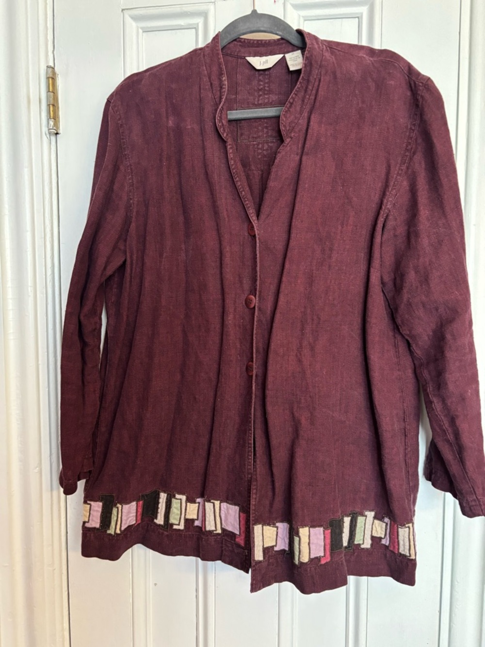 J. Jill Wine Burgundy Button Front Linen Blend Jacket with Colorblock Trim